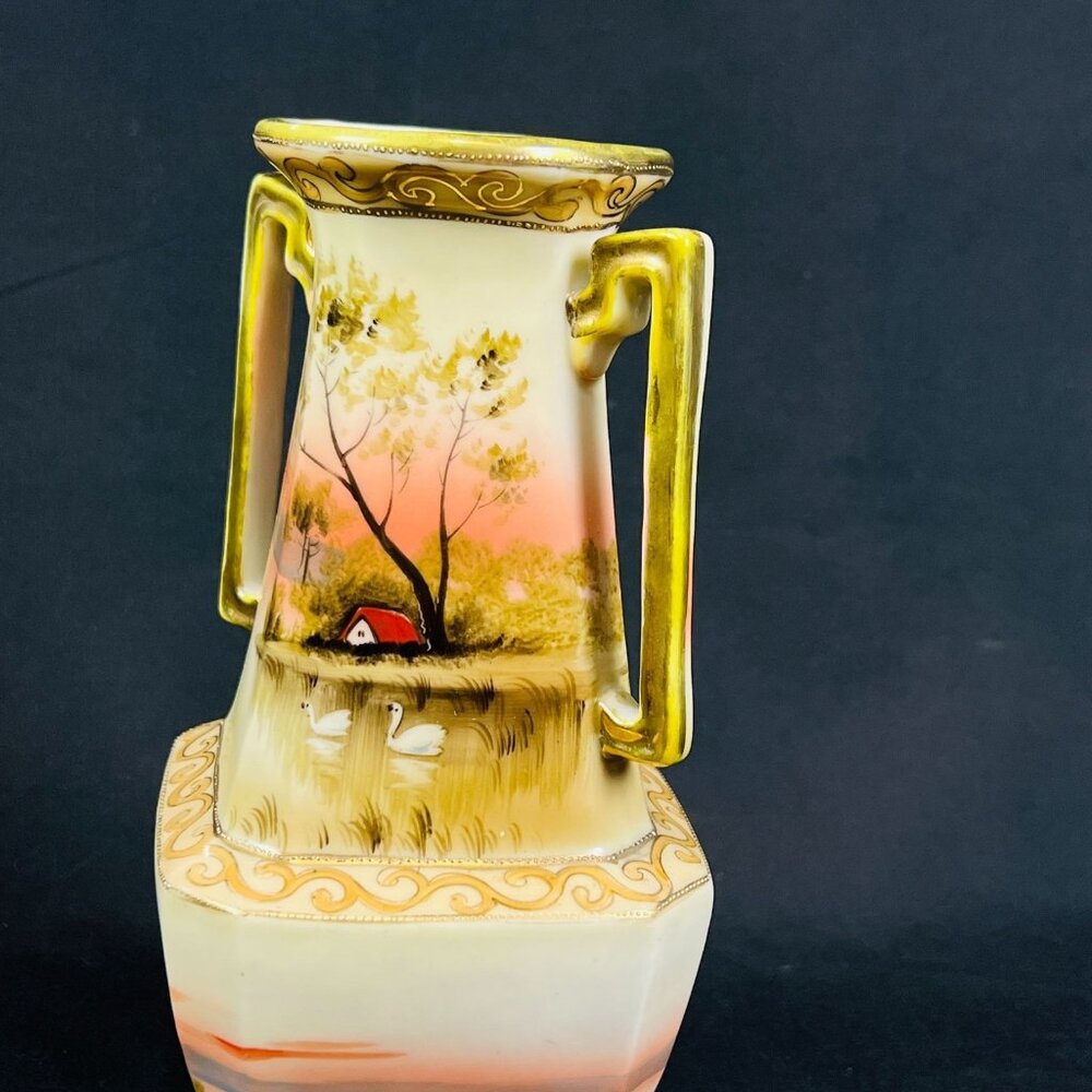Hand-Painted Landscape Porcelain Vase Gold Accents Made In Japan
